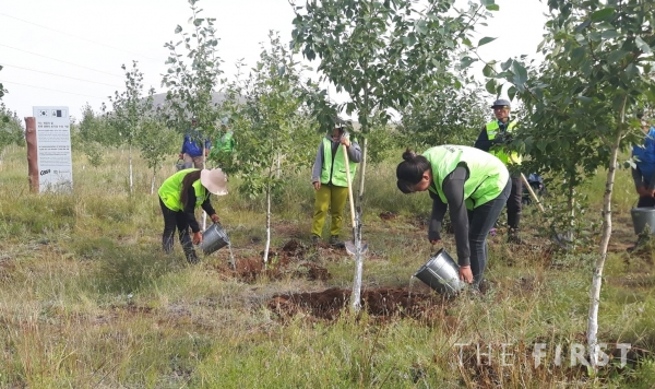 푸른아시아 관계자, 몽골 대학생, 현지 주민으로 구성된 환경봉사단 20여 명이 몽골 ‘카스 희망의 숲’ 일대에서 포플러 나무 식재 후 물을 주고 있다. (사진=오비맥주)