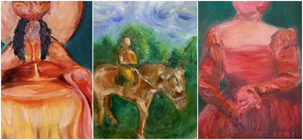 에르네스티나 작가의 초기 회화 작품들. 왼쪽부터 Crown, Horse Rider, The Lady